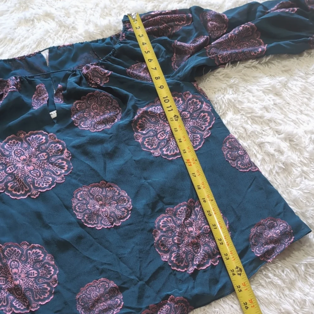 Trina Turk Teal & Pink Saloni Silk Puff Sleeve Top - Picture 12 of 12